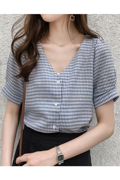 Summer Girls Trendy Plaid Print V-Neck Short Sleeve Button Down Shirt Blouse
