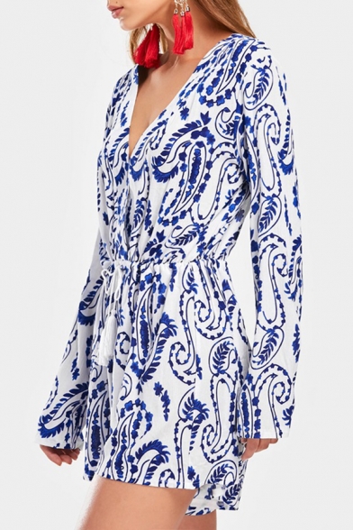 Summer Holiday Plunge V- Neck Hollow Out Drawstring Waist Blue and white Porcelain Long Sleeve Casual Loose Rompers