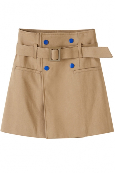 Summer Hot Fashion Vintage Khaki Bucket Belt Front Fake Pocket Embellished Mini A-Line Skirt