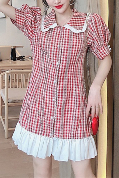 Summer Hot Popular Red Chic Check Printed Puff Sleeve Button Front Pleated Hem Midi Shift Dress