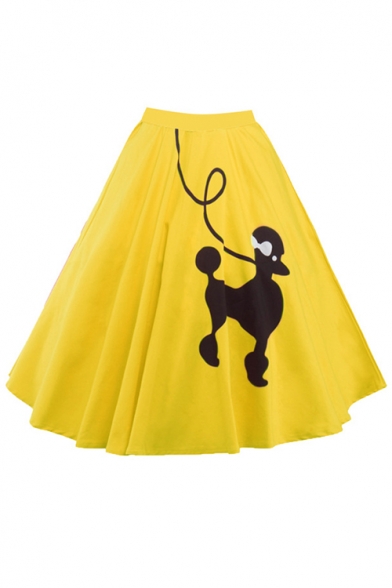 Summer Fashion Elastic Waist Dog Print Pleated Midi Skirt for Sweet Girls