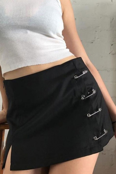 Summer Hot Stylish Black Safety Pin Slit Side A-Line Mini Skirt