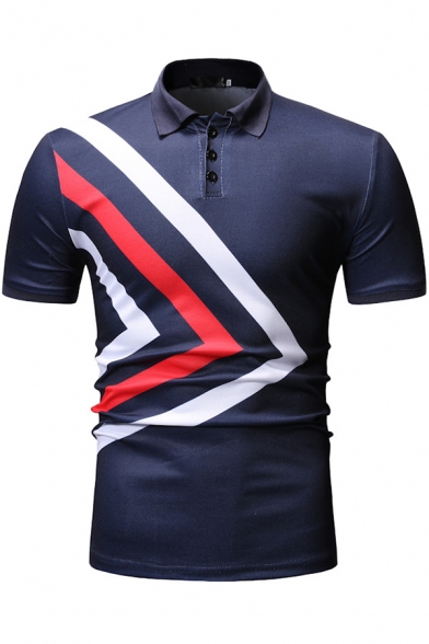 Summer Mens Unique Cool Striped Print Short Sleeve Fitted Polo Shirt