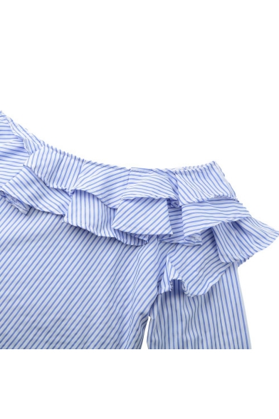 Summer Popular Blue Striped Printed Ruffled Hem One Shoulder Blouse Top for Women