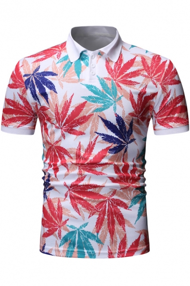 Summer Popular Colorful Leaf Pattern Short Sleeve Slim Fit Polo Shirt