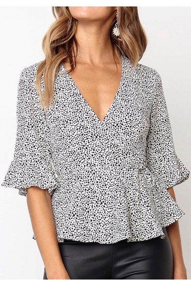 

Summer Popular White Polka Dot Printed Surplice V-Neck Ruffled Chiffon Blouse, LM544431