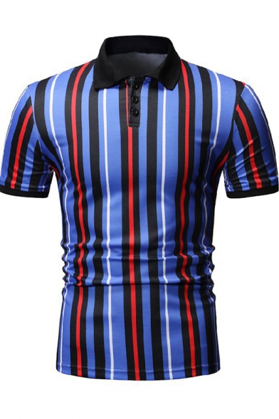 Summer Trendy Blue Vertical Striped Printed Short Sleeve Slim Fit Polo Shirt