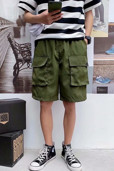 Summer Trendy Solid Color Flap Pocket Elastic Waist Casual Loose Cargo Shorts