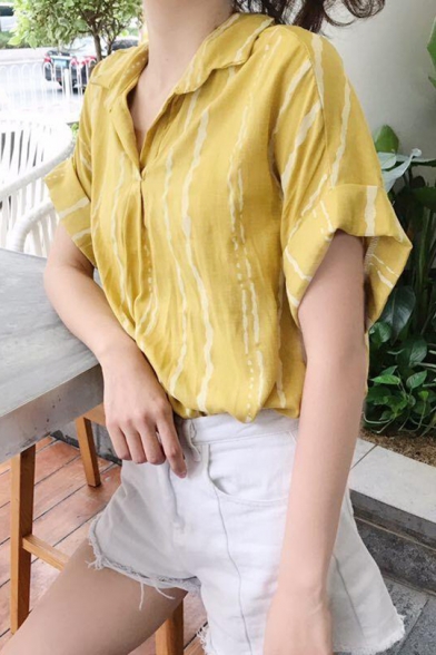 Summer Trendy Vertical Striped Printed Short Sleeve Loose Fit Shirt