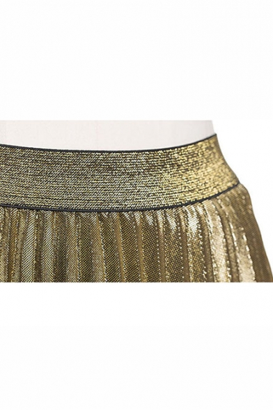 Summer Womens Fitted High Waist Fishtail Hem Maxi Pleated Metallic Skirt