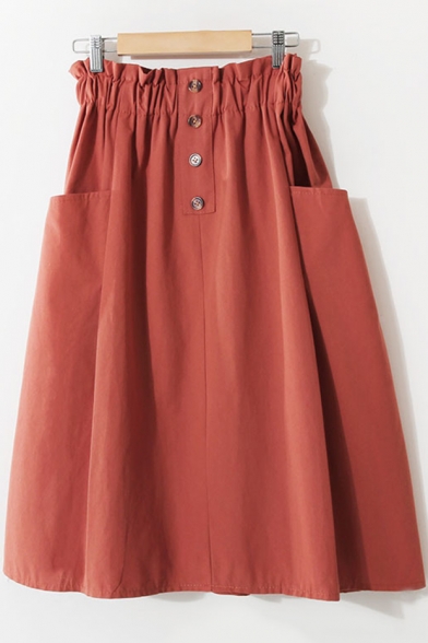 Summer Womens Simple Plain Elastic Waist Button-Fly Midi Cotton A-Line Skirt with Pocket