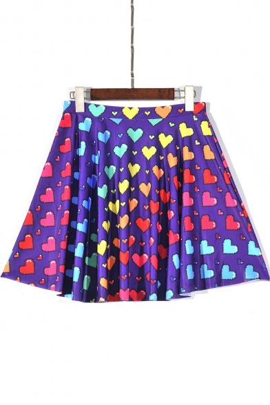 Sweet Colorful Heart Print Girls Purple Mini Pleated Skater Skirt