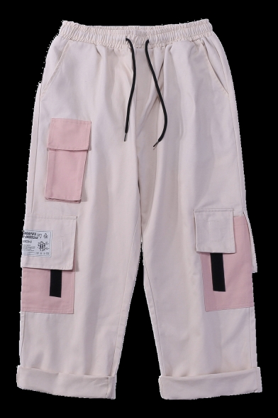 Trendy Colorblocked Multi-pocket Design Rolled Trim Straight Leg Men's Casual Loose Cotton Cargo Pants