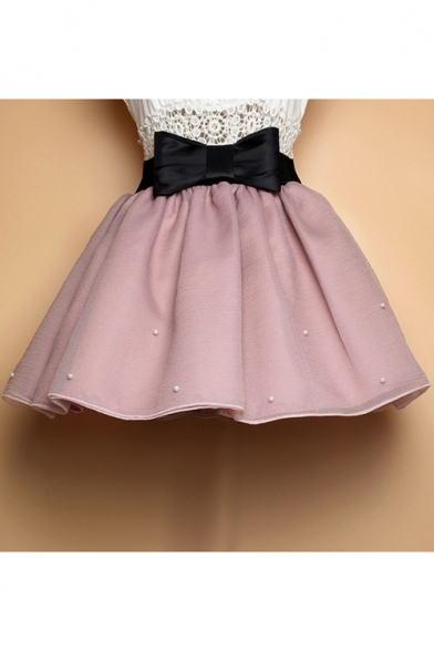 Trendy Womens Bow Front Beading Embellished Pleated Mini Puffy Skirt