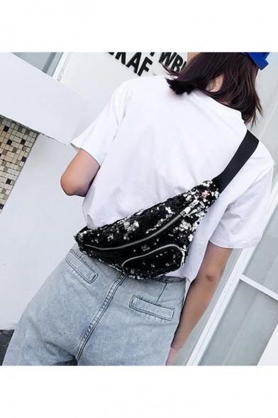 Trendy Plain Sequin Crossbody Belt Bag with Zipper Pocket 37*3*15 CM