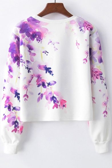 Trendy Purple Floral Printed Round Neck Long Sleeve Crop Sweatshirt