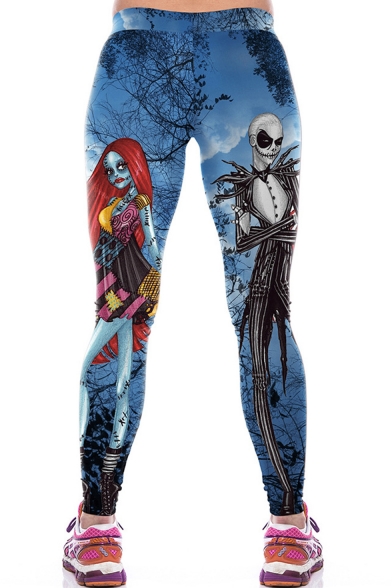 Trendy Womens Elastic Waist Halloween Jack and Sally Skull Character Print Skinny Pants Leggings