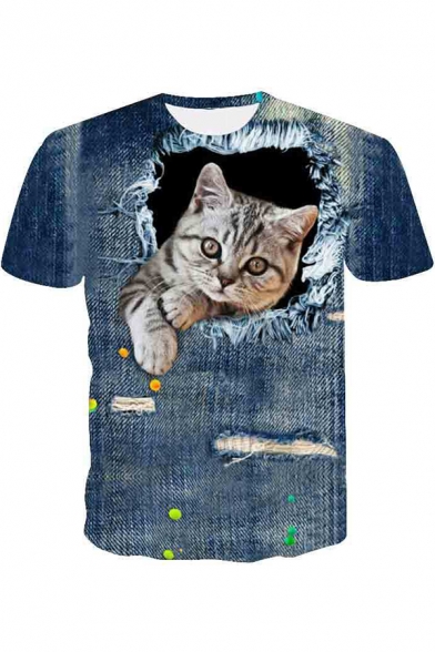 Unique Funny 3D Ripped Denim Cat Printed Round Neck Short Sleeve Blue T-Shirt