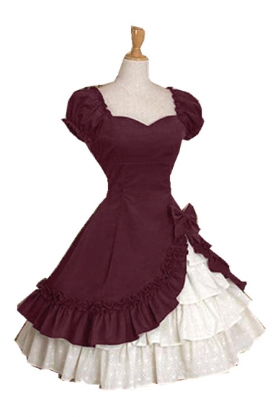 Vintage Medieval Lolita Square Neck Puff Short Sleeve Midi Layered Fit and Flared Swing Dress