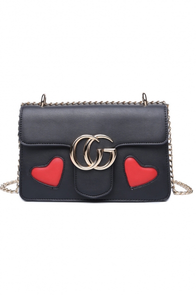 Women's Fashion Heart Patched Metal CG Embellishment Chain Strap Black Crossbody Shoulder Bag 23*9*14 CM