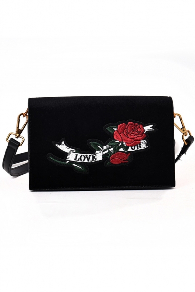 Women's Fashion Letter LOVE Rose Embroidery Pattern Velvet Square Crossbody Bag 21*14*8 CM