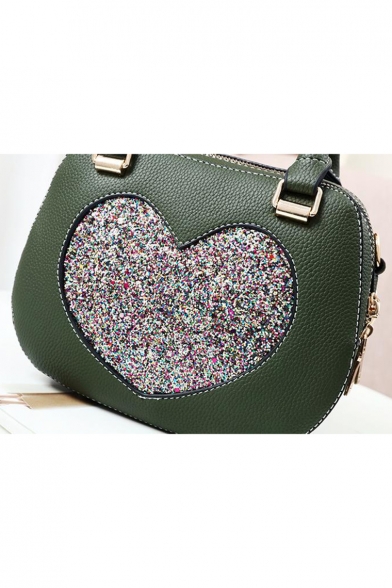 Women's Fashion Sequined Heart Patched Zipper Crossbody Satchel Handbag 22*10*17 CM