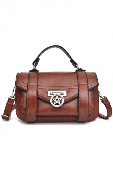 Women's Fashion Vintage Solid Color PU Leather Belt Buckle Metal Star Embellishment School Satchel Handbag 22*14*8 CM