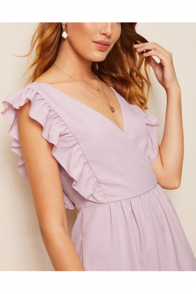 Women's Summer Fashion Purple V Neck Backless Ruffled Sleeve Tight Waist Fit Romper