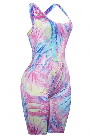 Women Summer Hot Fashion Sleeveless Open Back Oil Painting Print Slinky Playsuit Romper