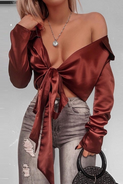 Womens Chic Unique Simple Solid Color V-Neck Long Sleeve Satin Cropped Tied Shirt Blouse