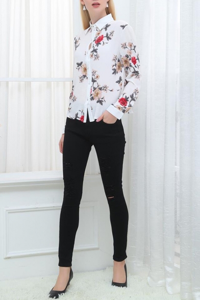 Womens Chic White Floral Pattern Long Sleeve Button Down Fitted Shirt