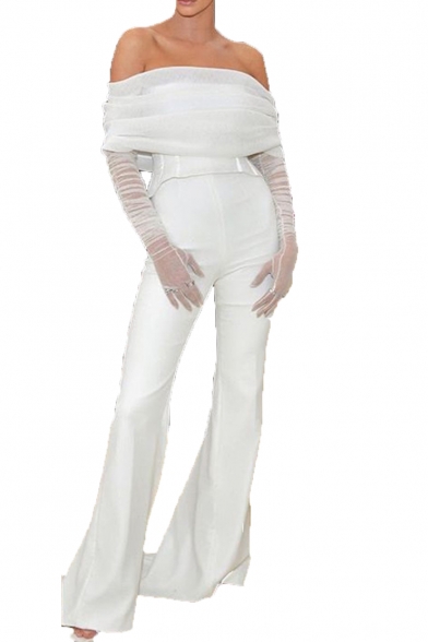 Womens Chic White Sexy Strapless Sheer Long Sleeve Bandeau Jumpsuits for Special Occasion