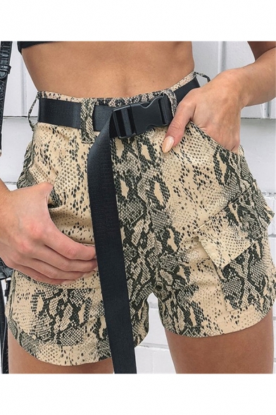 Womens Cool Khaki Snakeskin Printed Flap Pocket Side Cargo Shorts