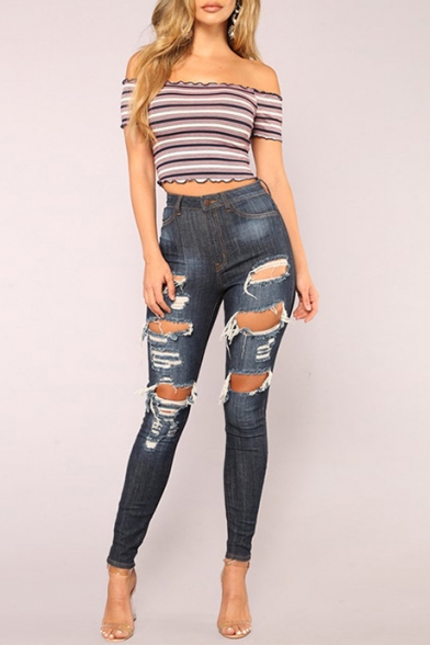 Womens Dark Blue Fashion Distressed Ripped Hole Skinny Fit Jeans