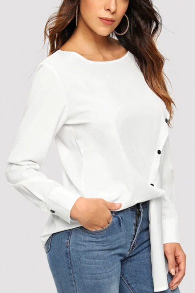 Womens Designer Unique Cold Shoulder Long Sleeve Oblique Button Front White Shirt Blouse