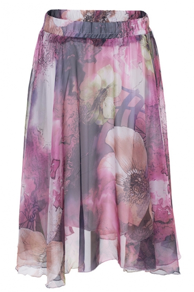 Womens Fancy Purple Floral Print Elastic Waist Midi Chiffon A-Line Beach Skirt
