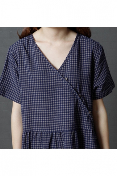 Womens Fashion V-Neck Short Sleeve Plaid Print Midi Swing Dress