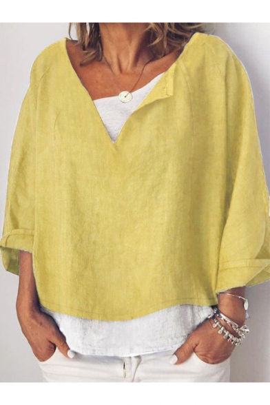Womens Fashion V Neck Simple Plain Rolled Sleeve leisure Cotton and Linen Blouse