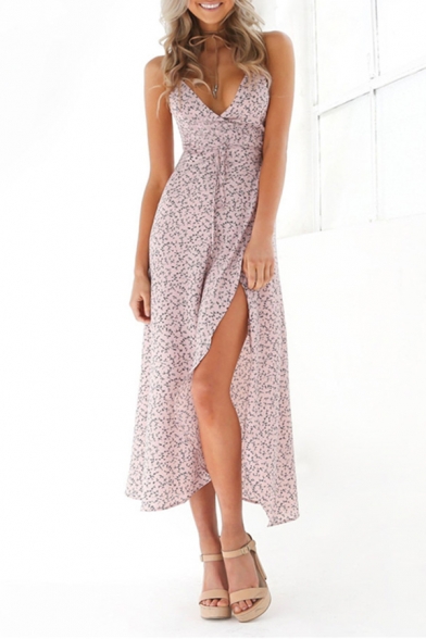 Womens Hot Fashion Floral Printed V-Neck Sleeveless Split Side Maxi Wrap Slip Dress