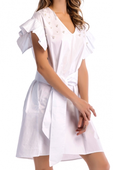 Womens Hot Fashion White V Neck Beading Embellish Ruffle Hem Tie Waist Mini Dress for Birthday Party