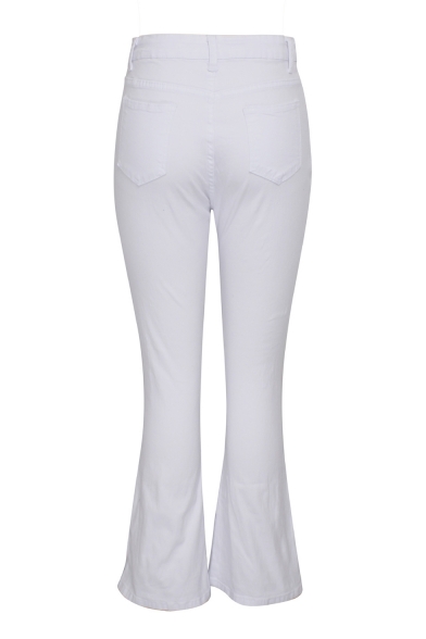 Womens Hot Popular High Waist Button-Fly Simple Plain White Slim Bootcut Flared Pants