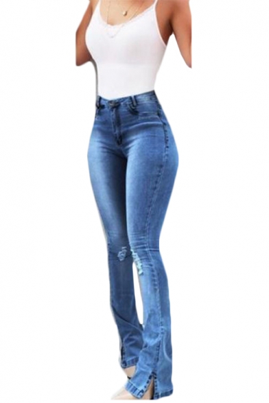 Womens Hot Popular Ripped Skinny Fit Flared Denim Jeans
