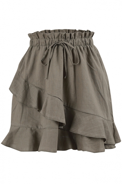 Womens Hot Stylish Green Paperbag Waist Ruffle Hem Drawstring Mini A-Line Skirt