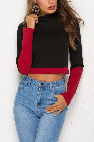Womens New Fashion High Neck Two-Tone Color Block Long Sleeve Black Crop Tee