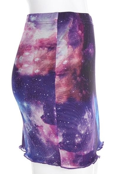 Womens New Stylish Blue and Purple Galaxy Printed Mini Bodycon Mesh Skirt