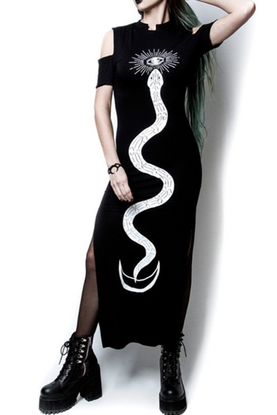 Womens New Stylish Cold Shoulder Short Sleeve Split Side Snake Sun Print Maxi Black Gothic Dress