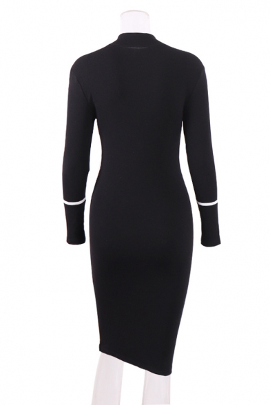 Womens New Trendy Contrast Piping High Neck Long Sleeve Midi Bodycon Dress