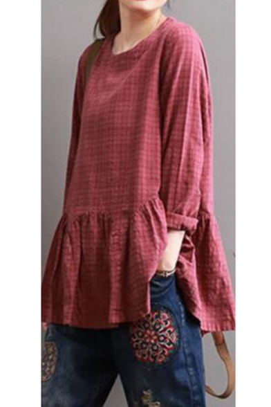 Womens Plus Size Plaid Printed Round Neck Long Sleeve Casual Ruffled Blouse