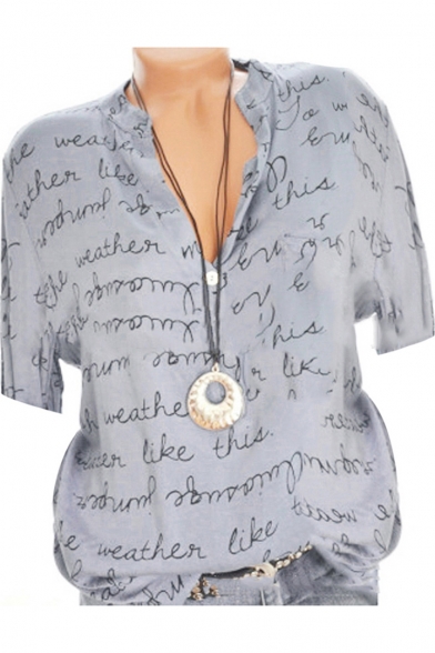Womens Popular Allover Letter Print V-Neck Short Sleeve Casual Loose Blouse Shirt