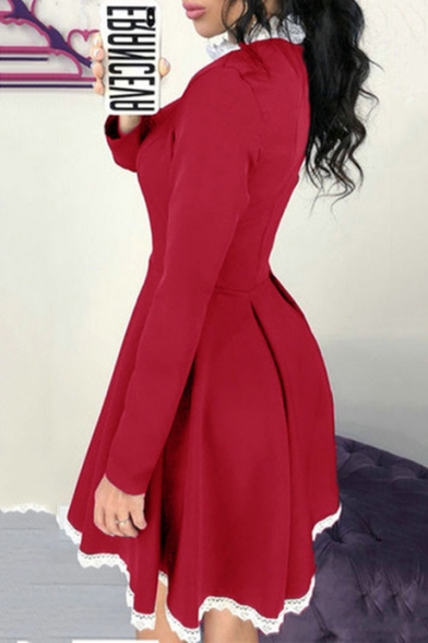 Womens Retro Plain Chic Lace-Trimmed Long Sleeve Midi A-Line Dress